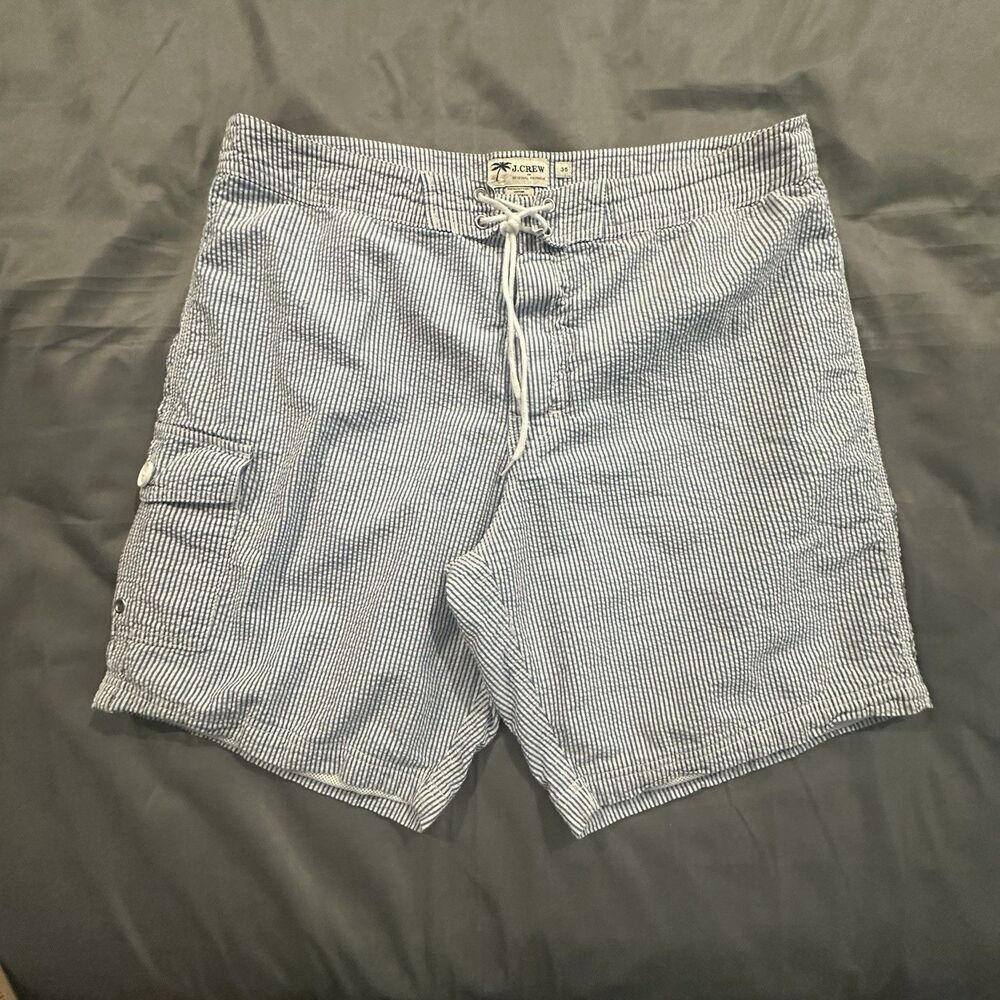 J.Crew Seersucker Board Short Mens 35 Striped Lined Swim Trunks Beach Pool Blue